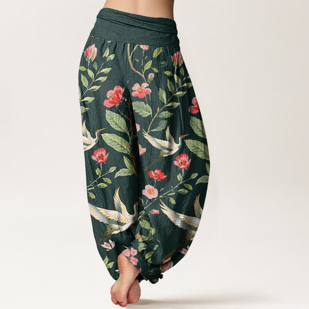 Buddha Stones Casual Red Flowers Crane Pattern Women's Elastic Waist Harem Pants - image 11