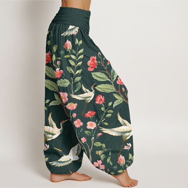 Buddha Stones Casual Red Flowers Crane Pattern Women's Elastic Waist Harem Pants - image 10