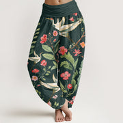 Buddha Stones Casual Red Flowers Crane Pattern Women's Elastic Waist Harem Pants - DarkGreen - US22，UK/AU26，EU54 (6XL) - image 9