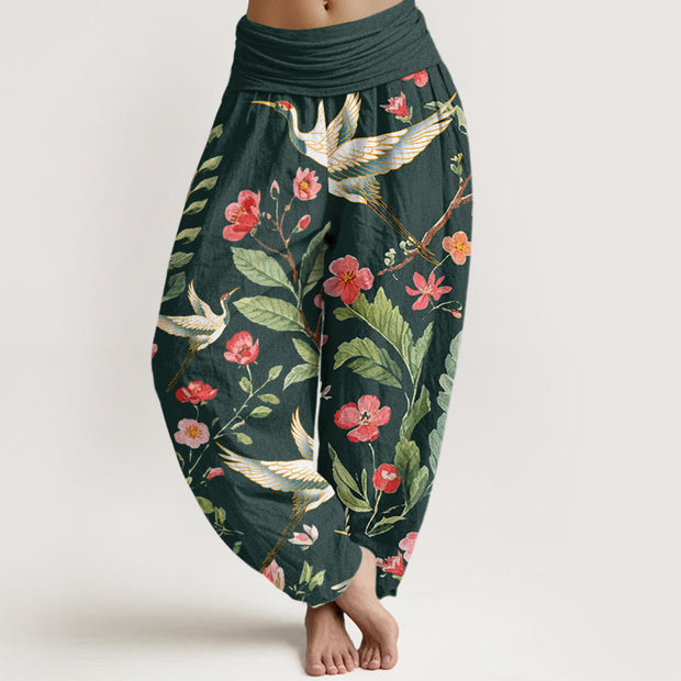 Buddha Stones Casual Red Flowers Crane Pattern Women's Elastic Waist Harem Pants - DarkGreen - US22，UK/AU26，EU54 (6XL) - image 9
