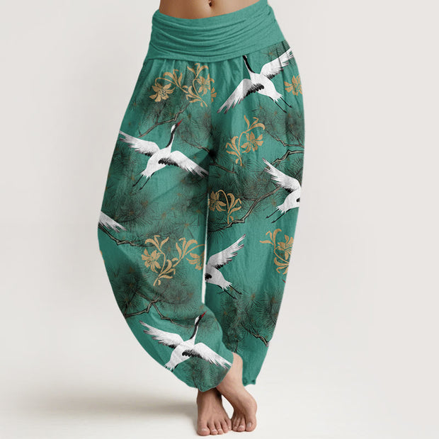 Buddha Stones Casual Red-crowned Crane Pine Tree Pattern Women's Elastic Waist Harem Pants - MediumSeaGreen - US22，UK/AU26，EU54 (6XL) - image 1