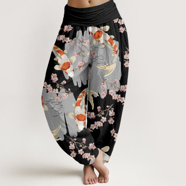 Buddha Stones Casual Koi Fish Cherry Blossom Pattern Women's Elastic Waist Harem Pants - Black - US22，UK/AU26，EU54 (6XL) - image 6