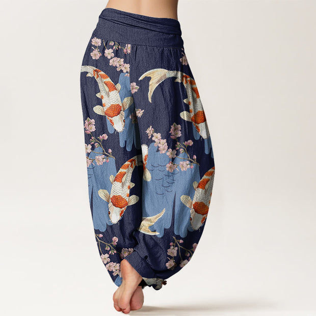 Buddha Stones Casual Koi Fish Cherry Blossom Pattern Women's Elastic Waist Harem Pants - image 11