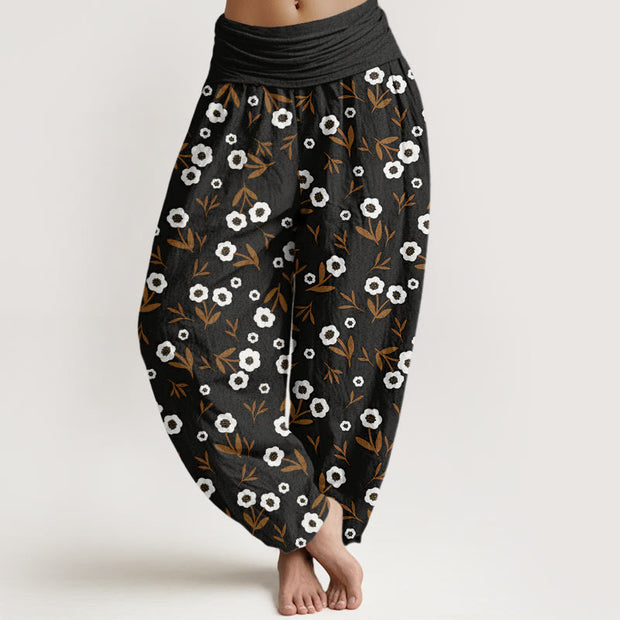 Buddha Stones Casual Simple Flowers Leaves Pattern Women's Elastic Waist Harem Pants - Black - US22，UK/AU26，EU54 (6XL) - image 9
