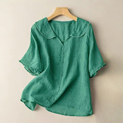 Buddha Stones Casual Plain Button Half Sleeve Middy Collar Cotton Women's Shirt