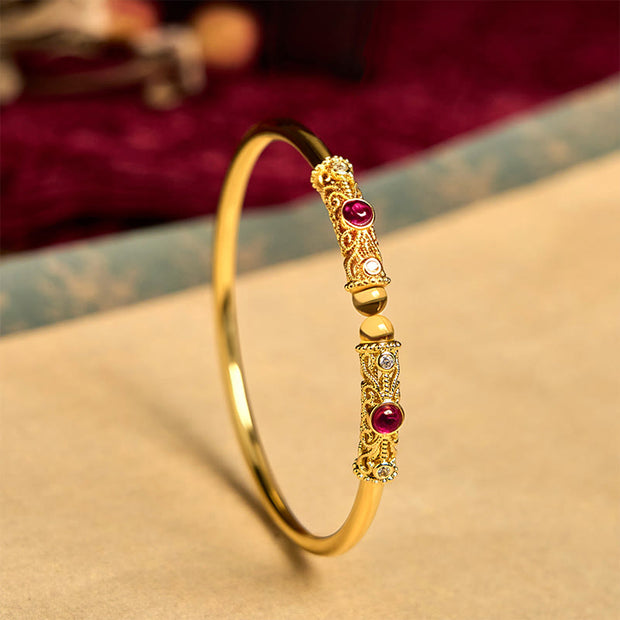FREE Today: Luck and Healing Golden Flower Pattern Red Zircon Amber Copper Cuff Bracelet Bangle