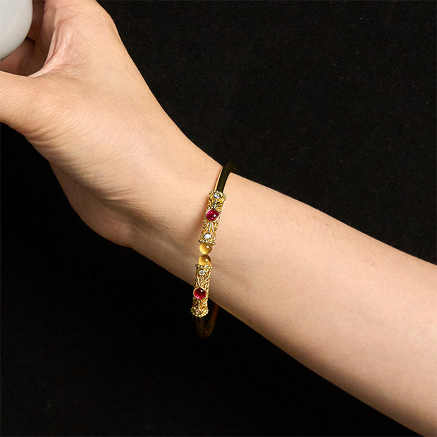 FREE Today: Luck and Healing Golden Flower Pattern Red Zircon Amber Copper Cuff Bracelet Bangle