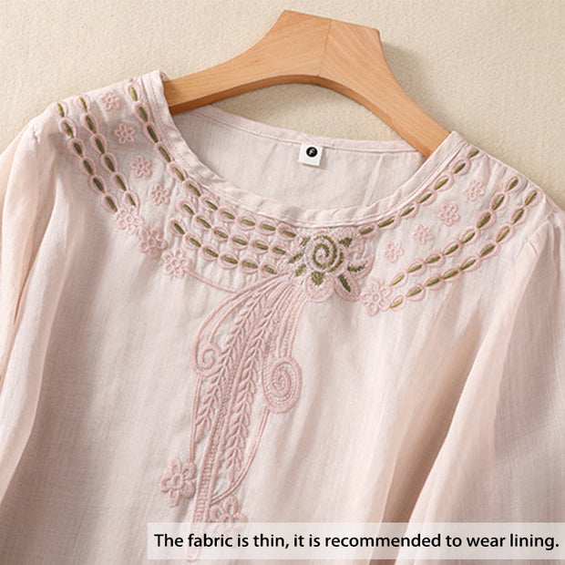 Buddha Stones Women's Crew Neck Hollow Design Half Sleeve Cotton Linen Shirt