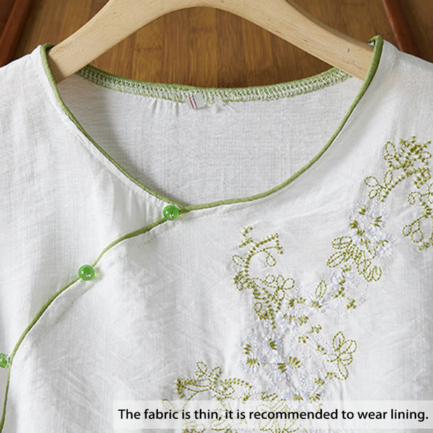 Buddha Stones Casual Women's Flowers Embroidery Pattern Frog-button Slanted Collar Design Three Quarter Sleeve Cotton Linen Shirt