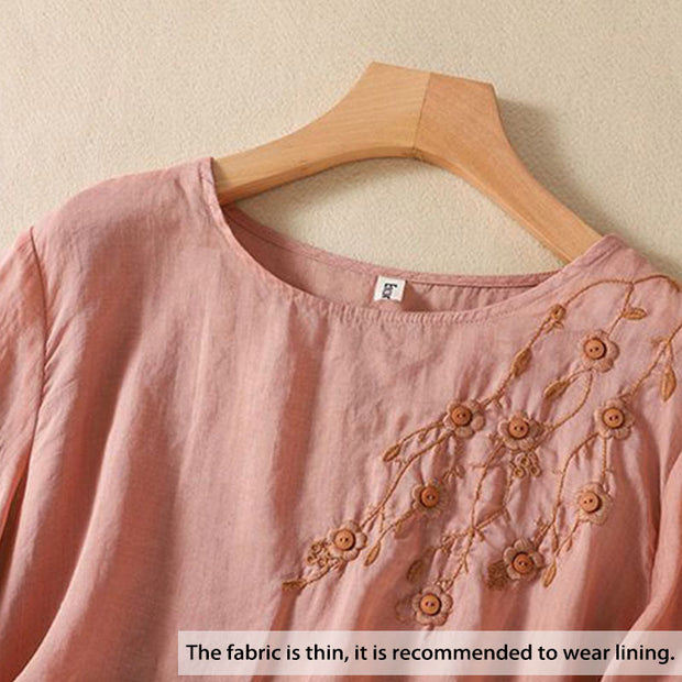 Buddha Stones Casual Embroidery Flower Branches Women's Crew Neck Design Long Sleeve Cotton T-shirt