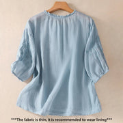 Buddha Stones Casual Plain Button Floral Embroidered Design Puff Half Sleeve Cotton Linen Women's Shirt