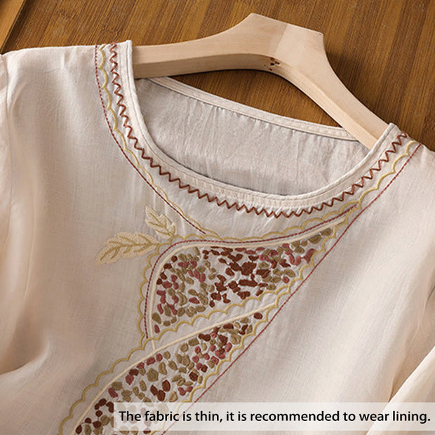 Buddha Stones Ethnic Embroidery Crew Neck Cotton Linen Pullover Clothing