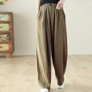 Buddha Stones Commute Button Design Women's Cotton Linen Elastic Waistband Pants With Pockets - DarkKhaki - US12，UK/AU16，EU44 (3XL) - image 1