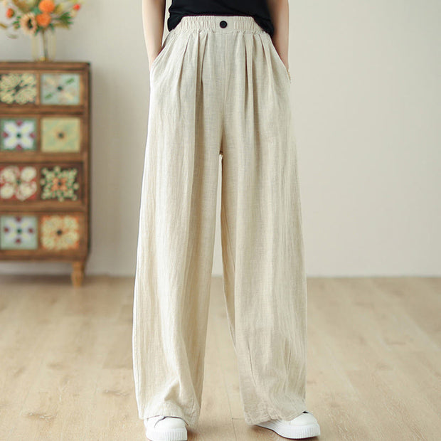 Buddha Stones Commute Button Design Women's Cotton Linen Elastic Waistband Pants With Pockets - Beige - US12，UK/AU16，EU44 (3XL) - image 12