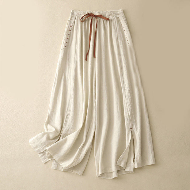 Buddha Stones Casual Side Slits Design Cotton Women's Wide Leg 7-8 Length Pants With Pockets - Cornsilk - US8-10，UK/AU12-14，EU40-42 (2XL) - image 4