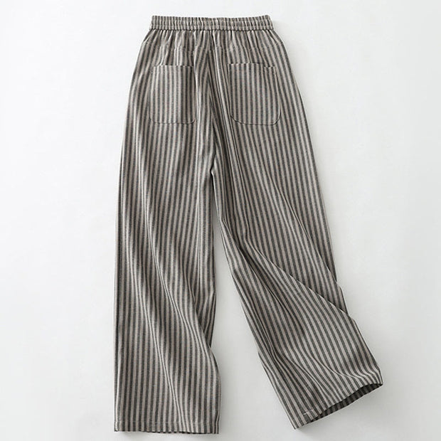 Buddha Stones Commute Striped Drawstring Design Women's Wide Leg Cotton Pants With Pockets - image 14