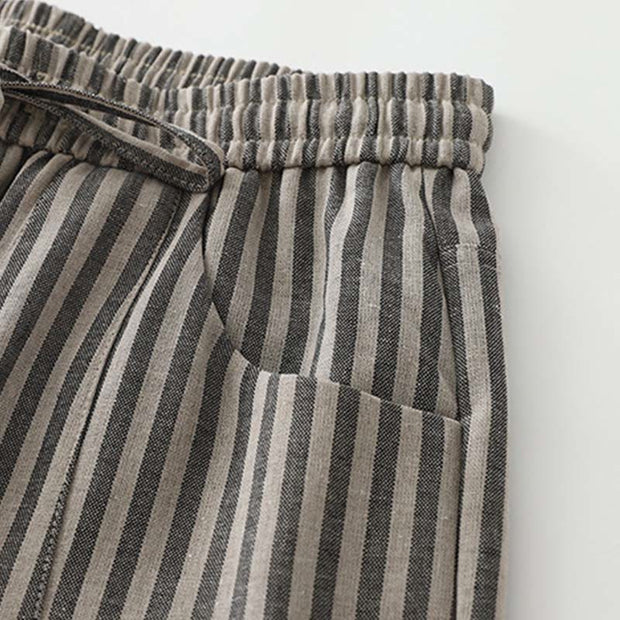Buddha Stones Commute Striped Drawstring Design Women's Wide Leg Cotton Pants With Pockets - image 11
