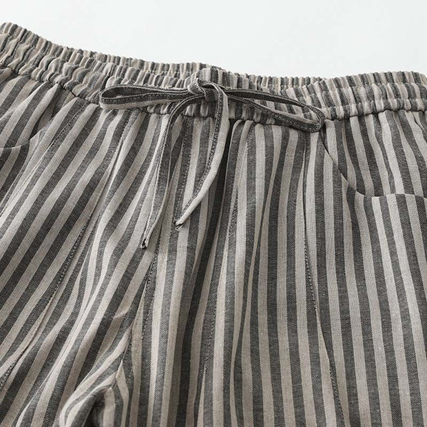 Buddha Stones Commute Striped Drawstring Design Women's Wide Leg Cotton Pants With Pockets - image 8