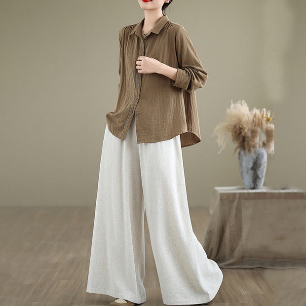 Buddha Stones Summer Plain Drawstring Zipper Design Women's Wide Leg Cotton Pants With Pockets - image 22