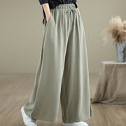 Buddha Stones Summer Plain Drawstring Zipper Design Women's Wide Leg Cotton Pants With Pockets - image 3