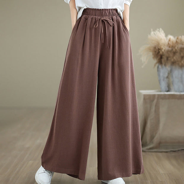 Buddha Stones Summer Plain Drawstring Zipper Design Women's Wide Leg Cotton Pants With Pockets - image 12