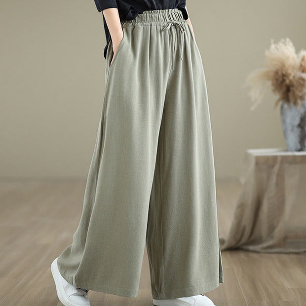 Buddha Stones Summer Plain Drawstring Zipper Design Women's Wide Leg Cotton Pants With Pockets - image 3