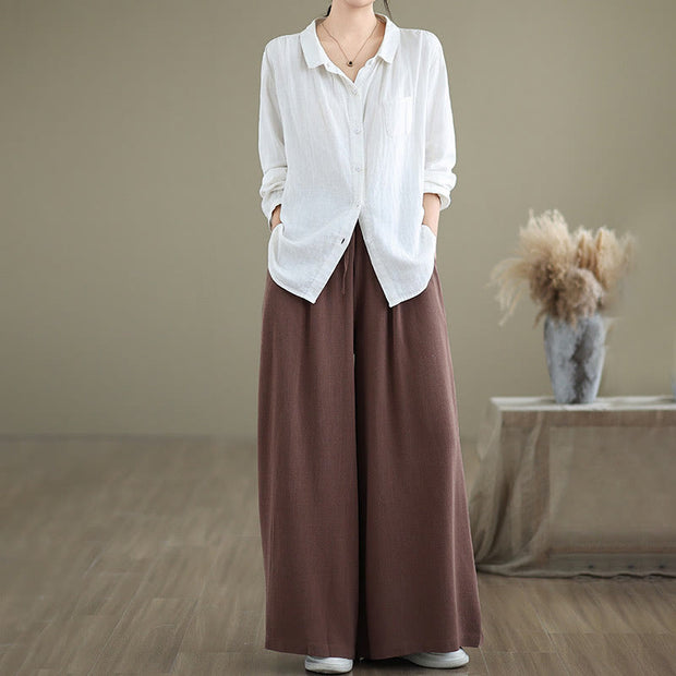 Buddha Stones Summer Plain Drawstring Zipper Design Women's Wide Leg Cotton Pants With Pockets - image 16