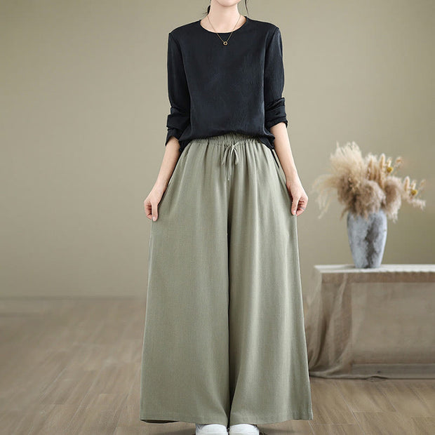 Buddha Stones Summer Plain Drawstring Zipper Design Women's Wide Leg Cotton Pants With Pockets - image 5