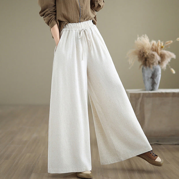 Buddha Stones Summer Plain Drawstring Zipper Design Women's Wide Leg Cotton Pants With Pockets - image 21