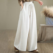 Buddha Stones Summer Plain Drawstring Zipper Design Women's Wide Leg Cotton Pants With Pockets - image 19