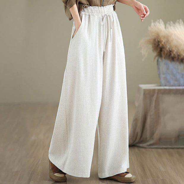 Buddha Stones Summer Plain Drawstring Zipper Design Women's Wide Leg Cotton Pants With Pockets - image 19