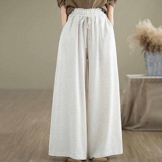 Buddha Stones Summer Plain Drawstring Zipper Design Women's Wide Leg Cotton Pants With Pockets - image 18