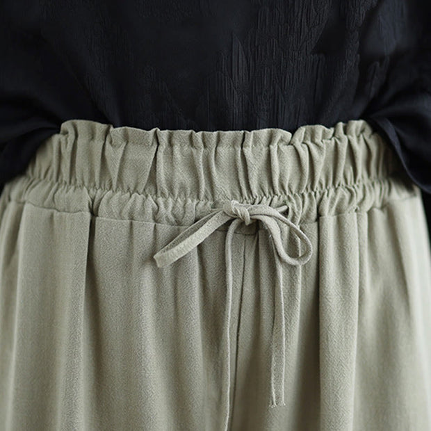Buddha Stones Summer Plain Drawstring Zipper Design Women's Wide Leg Cotton Pants With Pockets - image 6