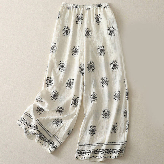 Buddha Stones Bohemian Printing Celestial Pattern Women's Wide Leg Cotton Pants With Pockets - White - US8-10，UK/AU12-14，EU40-42 (2XL) - image 5