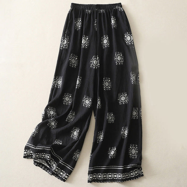 Buddha Stones Bohemian Printing Celestial Pattern Women's Wide Leg Cotton Pants With Pockets - Black - US8-10，UK/AU12-14，EU40-42 (2XL) - image 1