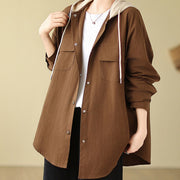 Buddha Stones Casual Commute Drawstring Hoodie Women's Cotton Linen Jacket With Pockets - SaddleBrown - US14，UK/AU18，EU46 (2XL) - image 1