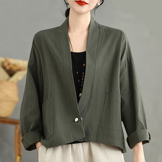 Buddha Stones Casual Vintage Plain Long Sleeve Open Front Cardigan Cotton Linen Jacket With Pockets - image 15