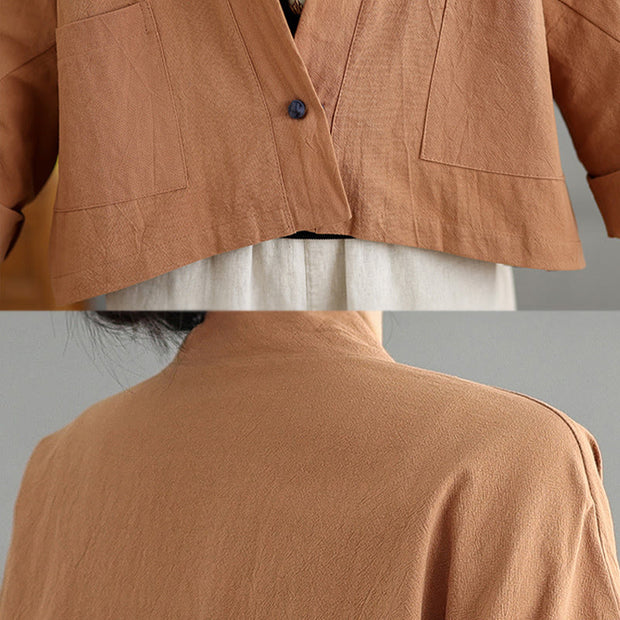 Buddha Stones Casual Vintage Plain Long Sleeve Open Front Cardigan Cotton Linen Jacket With Pockets - image 8