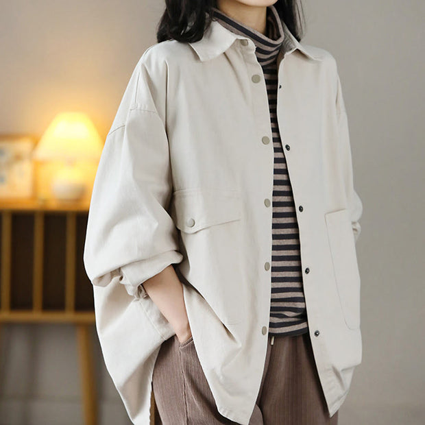 Buddha Stones Vintage Casual Pure Colir Lapel Women's Cotton Jacket With Pockets - image 13