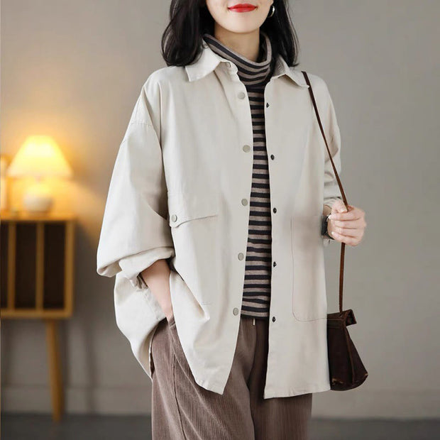 Buddha Stones Vintage Casual Pure Colir Lapel Women's Cotton Jacket With Pockets - image 12