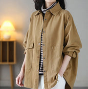 Buddha Stones Vintage Casual Pure Colir Lapel Women's Cotton Jacket With Pockets - image 4