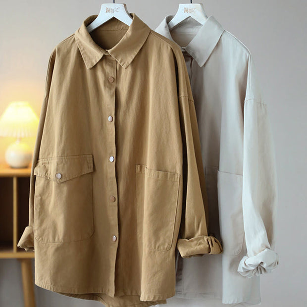 Buddha Stones Vintage Casual Pure Colir Lapel Women's Cotton Jacket With Pockets - image 15
