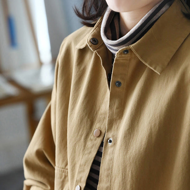 Buddha Stones Vintage Casual Pure Colir Lapel Women's Cotton Jacket With Pockets - image 5