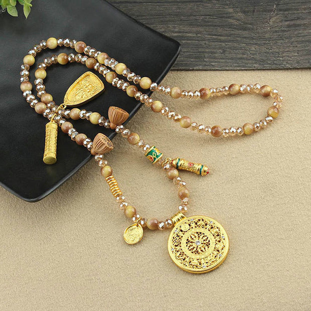 Buddha Stones Tibetan Lotus Round Plate Golden Tiger Eye Beads Necklace Pendant - image 8
