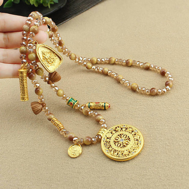 Buddha Stones Tibetan Lotus Round Plate Golden Tiger Eye Beads Necklace Pendant - image 5
