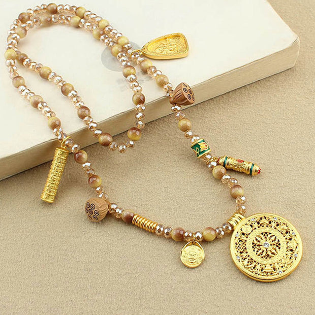 Buddha Stones Tibetan Lotus Round Plate Golden Tiger Eye Beads Necklace Pendant - image 3