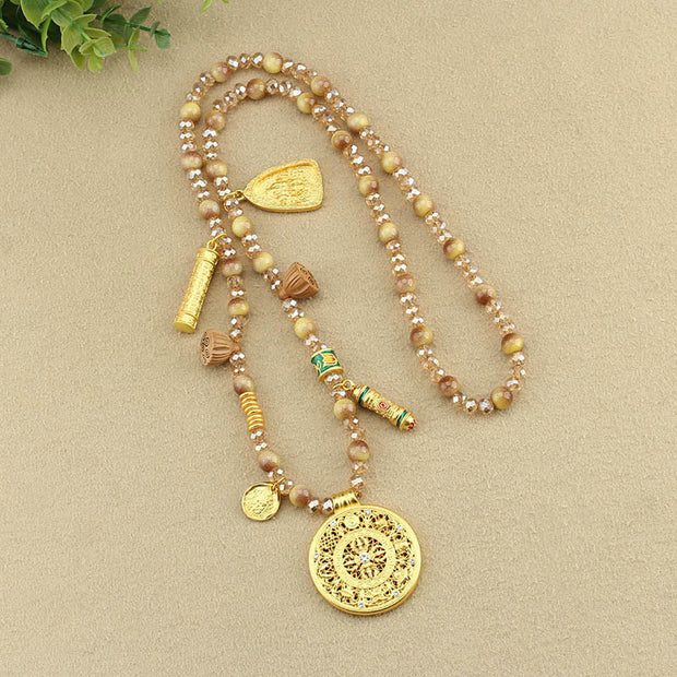 Buddha Stones Tibetan Lotus Round Plate Golden Tiger Eye Beads Necklace Pendant - image 10