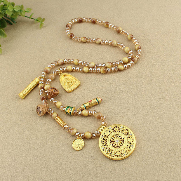Buddha Stones Tibetan Lotus Round Plate Golden Tiger Eye Beads Necklace Pendant - image 9