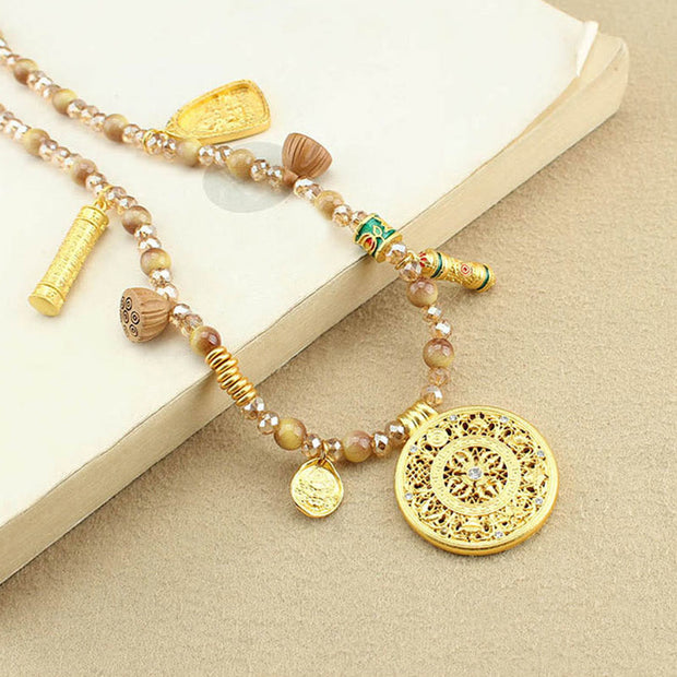 Buddha Stones Tibetan Lotus Round Plate Golden Tiger Eye Beads Necklace Pendant - image 2