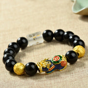 Buddha Stones Fengshui Copper Pixiu Rainbow Obsidian Beads Wealth Bracelet - Om Mani Padme Hum & Fortune & Color-changing Pixiu(Wrist circumference:18-19cm) - image 14